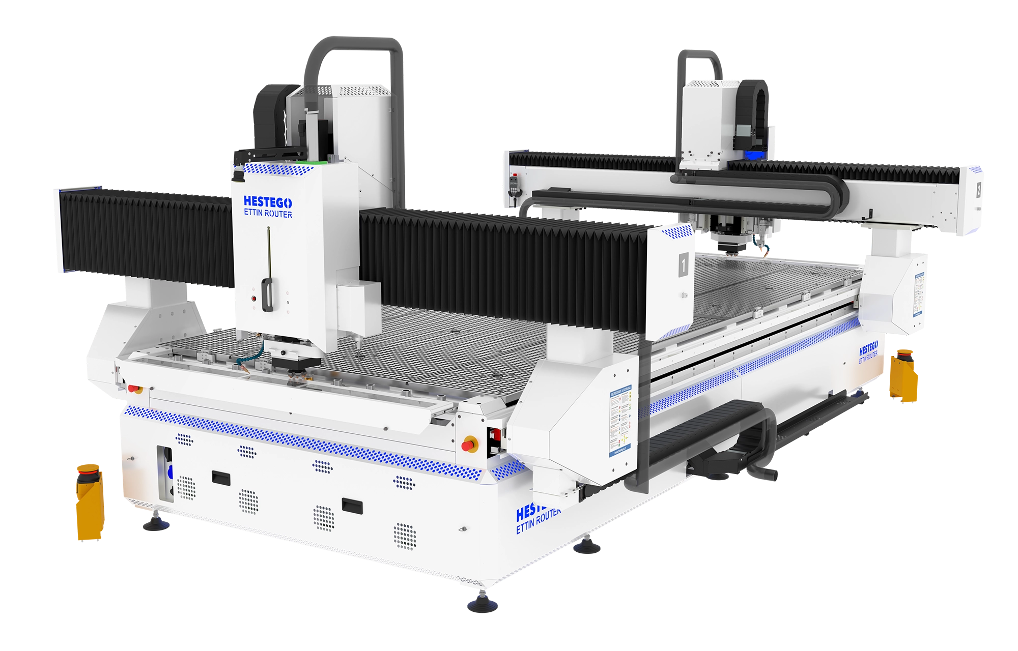 Large white CNC router with a gantry, black accordion dust curtains, and a perforated workbed.